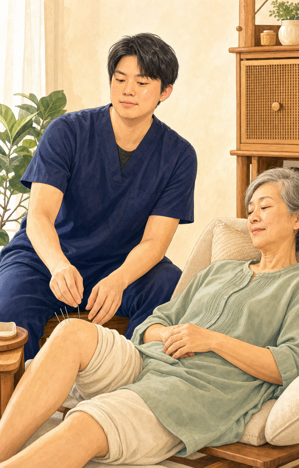 卡通风格的居家长者针灸服务情境
