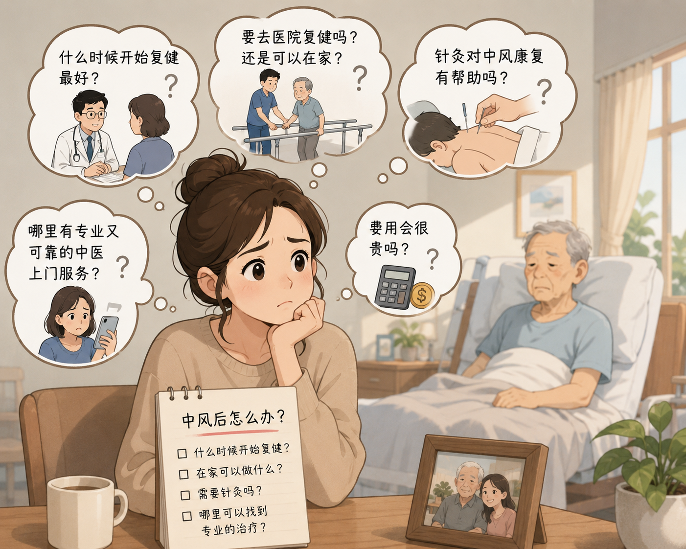 家属思考中风后何时开始复健、居家复健、针灸及上门服务的插画